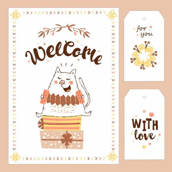 kart kedi, çiçek ve el yazı