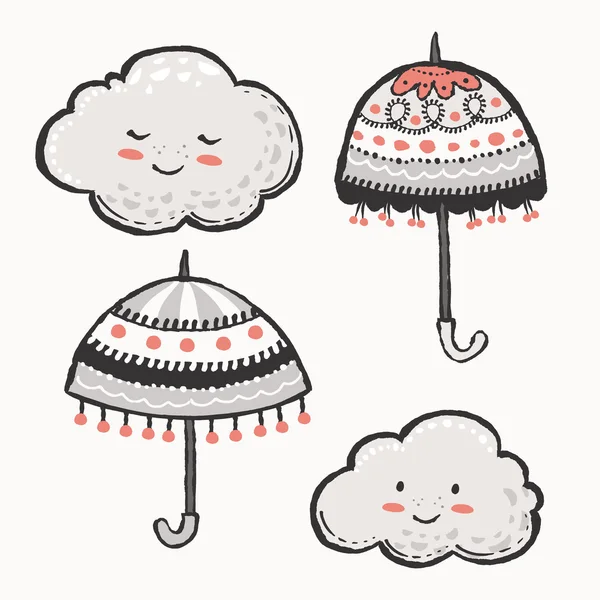 Χαριτωμένο γκρίζα σύννεφα και εκλεκτής ποιότητας ομπρέλες — Διανυσματικό Αρχείο