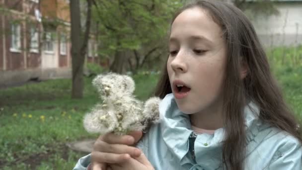 Beyaz karahindibalara üfleyerek gülümseyen tatlı bir genç kız. Evin arka bahçesinde oynuyor. Kadın portresi. Kapatın. Kavram. 4K — Stok video