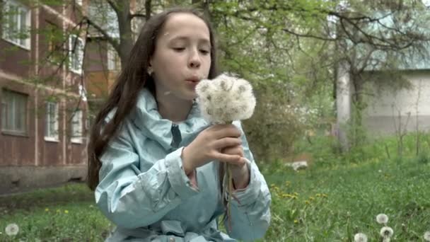 Petite adolescente aux cheveux longs jouant avec des pissenlits blancs. Elle souffle sur eux et leur souffle la peluche dans la cour arrière de la maison. Portrait féminin. Ferme là. Concept. 4K — Video