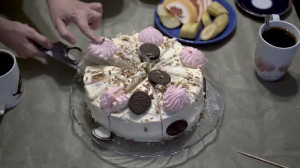 Mama kładzie dzieci na talerzach kawałki białego tortu urodzinowego, który jest ozdobiony różowymi piankami i ciemną czekoladą. Koncepcja wakacji w domu dziecka. Zbliżenie. 4K — Wideo stockowe