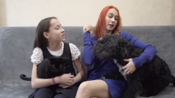 Two fun young teen girls, sisters, have fun and play with pets at home on the couch. They hold a white rat, a black cat, and a black dog on their laps. Concept. 4k. — Stock Video