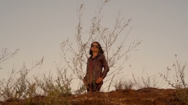 Una donna covata di mezza età osserva il tramonto in piedi su una cima di una montagna in abbigliamento sportivo in una sera d'estate. Erba secca in primo piano. Il concetto. Vista dal basso. 4K — Video Stock