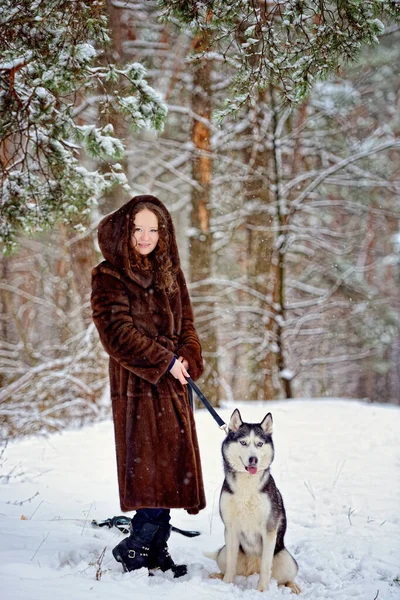 En un día soleado de invierno, una hermosa joven está paseando por el bosque con un perro Husky. Abraza suavemente al perro. Una chica con un hermoso abrigo de piel. Un hombre sobre nieve blanca con un perro. Personas y perros. — Foto de Stock