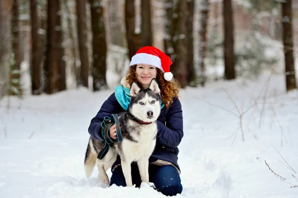 겨울 숲에서 허스키 개를 키우는 아름다운 소녀. 앉아서 개를 안 아 줍니다. 그녀는 카메라 렌즈를 들여다 봅니다. 수평 방향. — 스톡 사진
