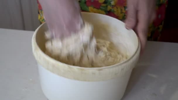 O femeie într-un șorț de bucătărie colorat frământă aluatul într-un castron alb într-o bucătărie de acasă. Conceptul de afaceri mici acasă. De aproape. Faceless. Privire de sus. 4K — Videoclip de stoc