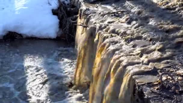 汚れた水の泥の流れは、晴れた春の日に川に滝のように流れています。環境汚染。接近中だ。4K — ストック動画
