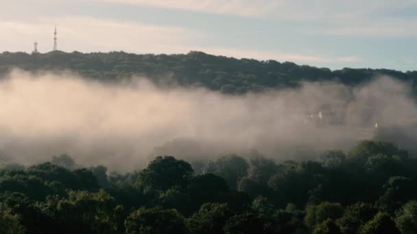 Rising fog from hillside revealing houses behind trees — Stock Video