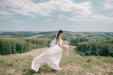 Beyaz gelinlikli güzel gelin doğada bir tepede poz veriyor.