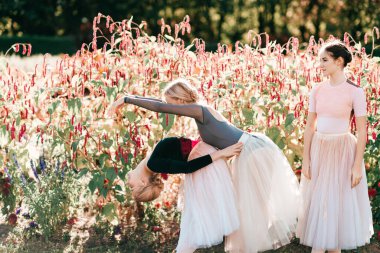 Arka planda pembe çiçeklerin üzerinde poz veren ve dans eden üç zarif balerin dramatik portresi.