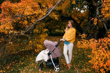 Sarı bluzlu, beyaz pantolonlu, kahverengi çizmeli, mutlu genç beyaz anne sonbaharda bebek arabasında bebeğiyle birlikte dışarıda oturuyor.