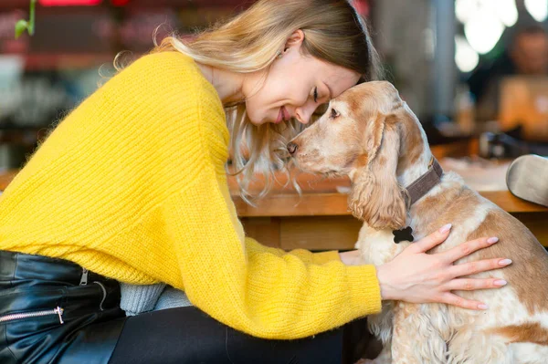 Kafkasyalı genç sarışın kız kafeteryada oturuyor ve sevgili köpeğiyle yüz yüze geliyor ve içten duygularıyla ona sarılıyor..