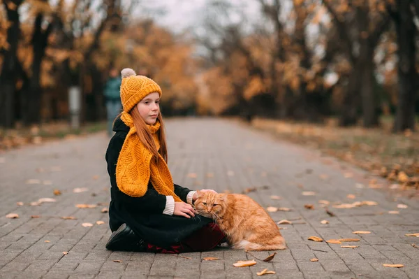 Chica Pecas Pensativas Acariciando Mascota Gatito Rojo Suelo Parque Otoño — Foto de Stock