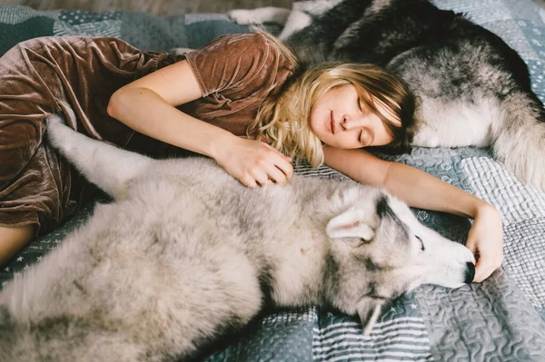 소녀는 집에서 침대에 허스키 강아지와 아름다운 여인이 소파에서 허스키 껴안고 — 스톡 사진