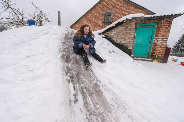 Cheerful Girl Using Plastic Bag Sled Riding Cellar Icey Trek — Stock Photo, Image