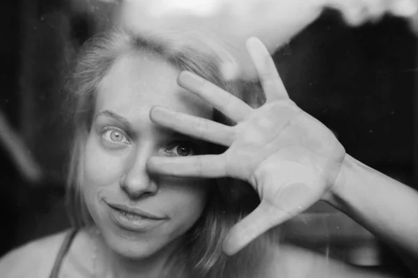 Black White Portrait Lovely Caucasian Young Girl Blue Eyes Fair — Stock Photo, Image