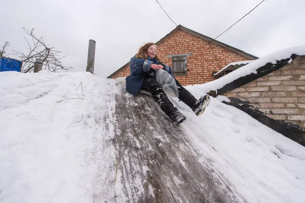 Cheerful Girl Using Plastic Bag Sled Riding Cellar Icey Trek — Stock Photo, Image