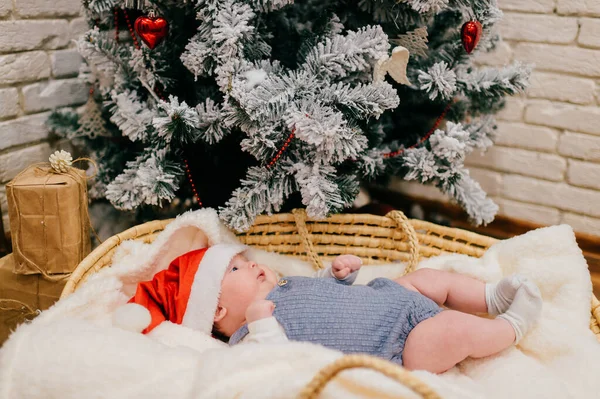 Imagem Menino Pequeno Encontra Boné Ano Novo — Fotografia de Stock