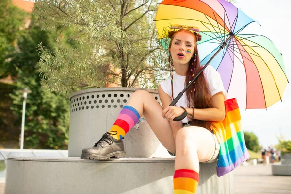 Cute Disexual Girl Lgbt Rainbow Her Face Wearing Male Boots — Stock Photo, Image