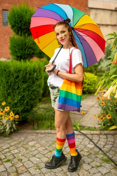 Cheerful Lesbian Lgbt Flag Her Face Holding Rainbow Umbrella Wearing — Stock Photo, Image