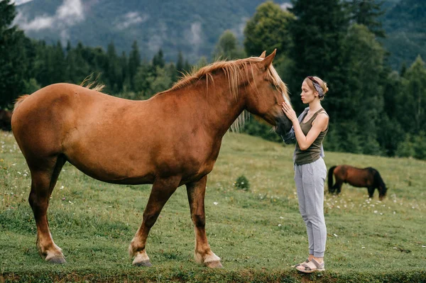 Jovem Menina Bonita Abraçando Cavalo Natureza — Fotografia de Stock