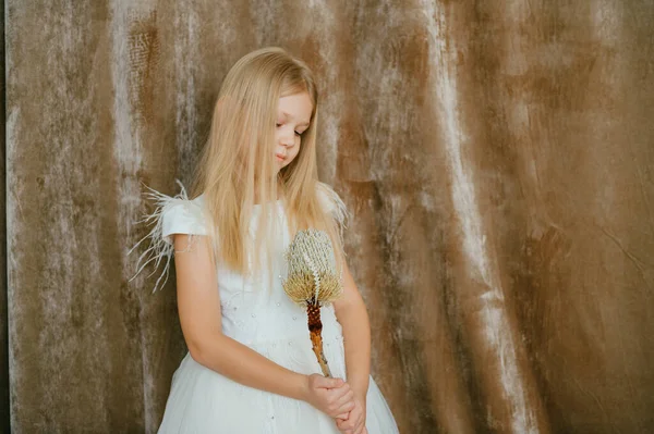 Vrij Kaukasisch Meisje Met Lang Blond Haar Een Lange Witte — Stockfoto