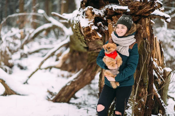 Jovem Menina Positiva Roupas Inverno Segurando Mãos Seu Adorável Filhote — Fotografia de Stock