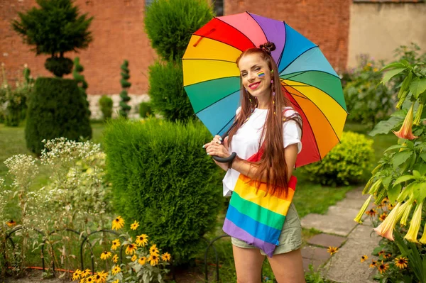 Happy Lesbian Lgbt Flag Her Face Posing Rainbow Umbrella — Stock Photo, Image
