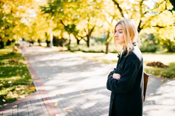 身穿黑色经典外套的小女孩站在黄叶林间的路上 秋天枫树的背景是神秘的陌生人 穿着秋衣的年轻漂亮女人的画像 时尚照片 — 图库照片