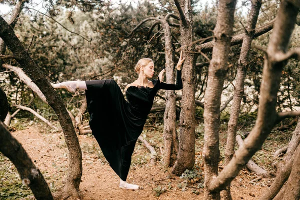 Young beautiful ballerina in black vintage dress with veil posing among trees outdoor.