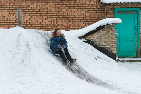 Cheerful Girl Using Plastic Bag Sled Riding Cellar Icey Trek — Stock Photo, Image