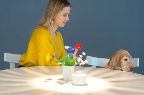 Mujer Alegre Sonriente Blusa Amarilla Sentada Silla Restaurante Mesa Comunicándose —  Fotos de Stock