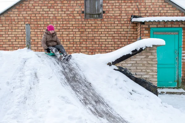 Cheerful Girl Using Plastic Bag Sled Riding Cellar Icey Trek — Stock Photo, Image