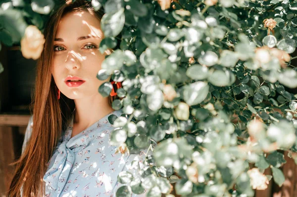 Módní Portrét Mladé Brunetky Modelky Křoví — Stock fotografie