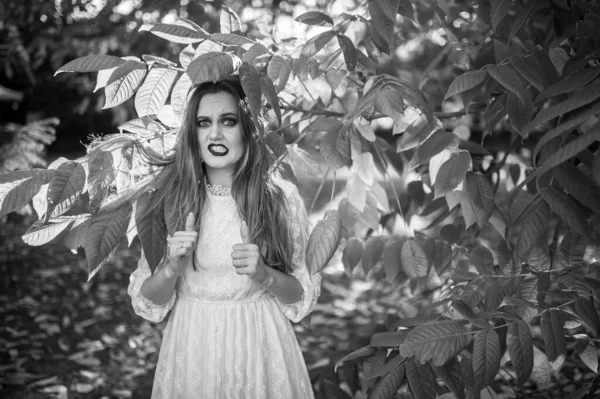 Beautiful Girl Gothic Make Funny Face Expression Posing Summer Park — Stock Photo, Image