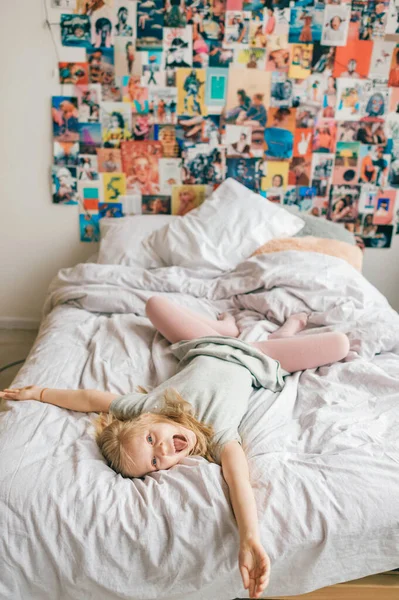 Funny Little Girl Clowning Fooling Make Faces White Bed Child — Stock Photo, Image