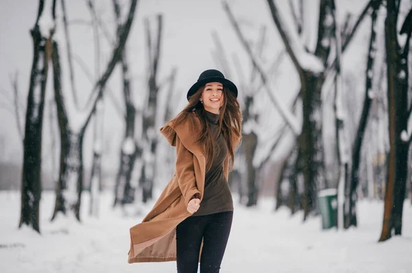 Menina Alegre Nova Casaco Elegante Marrom Posando Vale Árvore Inverno — Fotografia de Stock