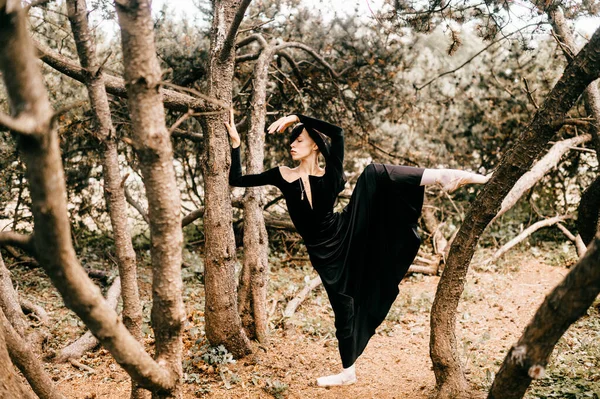 Junge Schöne Ballerina Schwarzen Vintage Kleid Mit Schleier Posiert Unter — Stockfoto