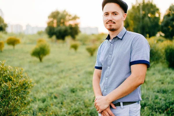 Closeup Lifestyle Portrait Handsome Kazakh Man Posing Summer Outdoor Abstract — Stock Photo, Image