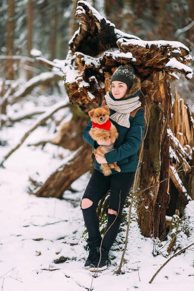 穿着冬衣的年轻而积极的女孩手牵着她可爱的爱犬在雪地的森林里 — 图库照片