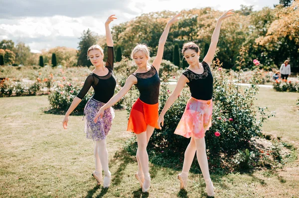 Trzy Piękne Baletnice Dziewczyny Tańczące Balansujące Nad Słońcem Letnim Parku — Zdjęcie stockowe