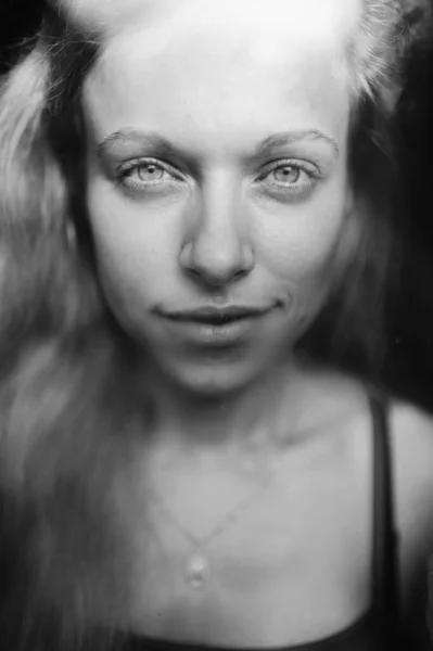 Black White Portrait Lovely Caucasian Young Girl Blue Eyes Fair — Stock Photo, Image