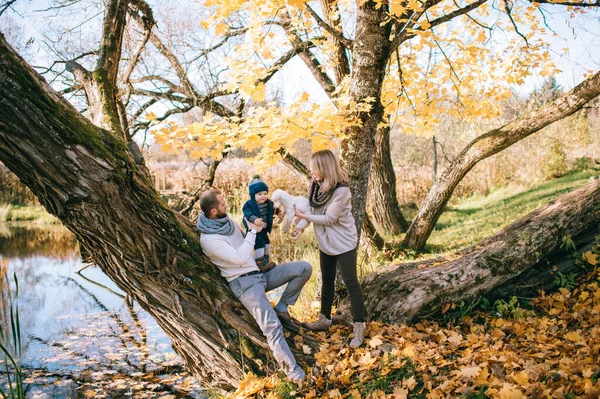 Glad Familj Par Med Sin Son Och Liten Valp Höstparken — Stockfoto