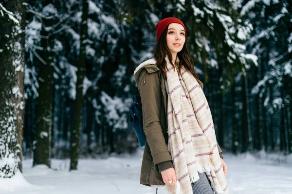 Junge Attraktive Brünette Mit Einem Warmen Schal Posiert Schnee Wald — Stockfoto