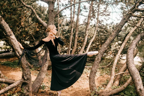 Mladý Krásný Balerína Černošky Vintage Šaty Závojem Pózování Mezi Stromy — Stock fotografie