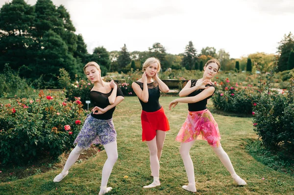 Tres Hermosas Mujeres Bailarinas Jóvenes Medias Mierda Faldas Coloridas Posando —  Fotos de Stock