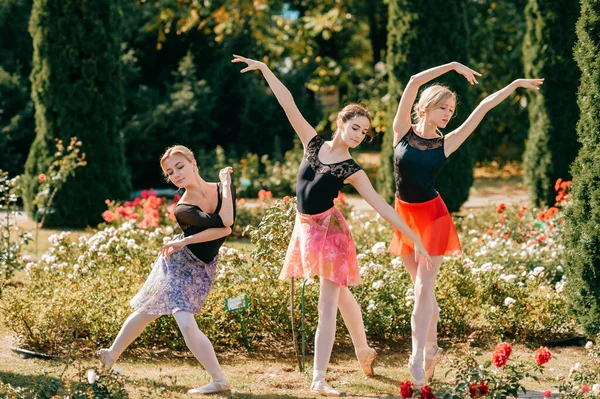 Três Mulheres Graciosas Dançarinas Balé Posando Dançando Verão Belo Parque — Fotografia de Stock