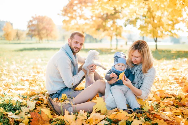 Šťastná Rodina Svým Miminkem Venkovní Portrét Podzimním Parku — Stock fotografie