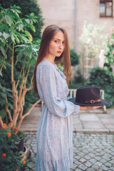 Fashion Portrait Long Haired Brunnette Girl Blue Dress Holding Hat — Stock Photo, Image