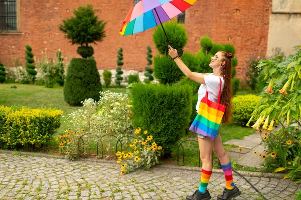 Cheerful Lesbian Lgbt Flag Her Face Holding Rainbow Umbrella Wearing — Stock Photo, Image